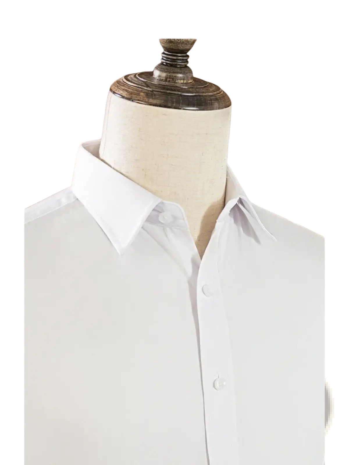 Mens white slim fit long sleeve dress shirt with crisp collar and clean lines displayed on a mannequin