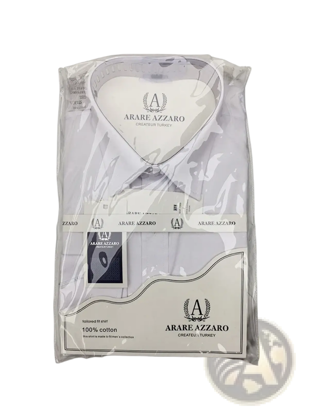 Mens white slim fit long sleeve dress shirt made of 100 percent cotton by azzaro neatly packaged in clear plastic