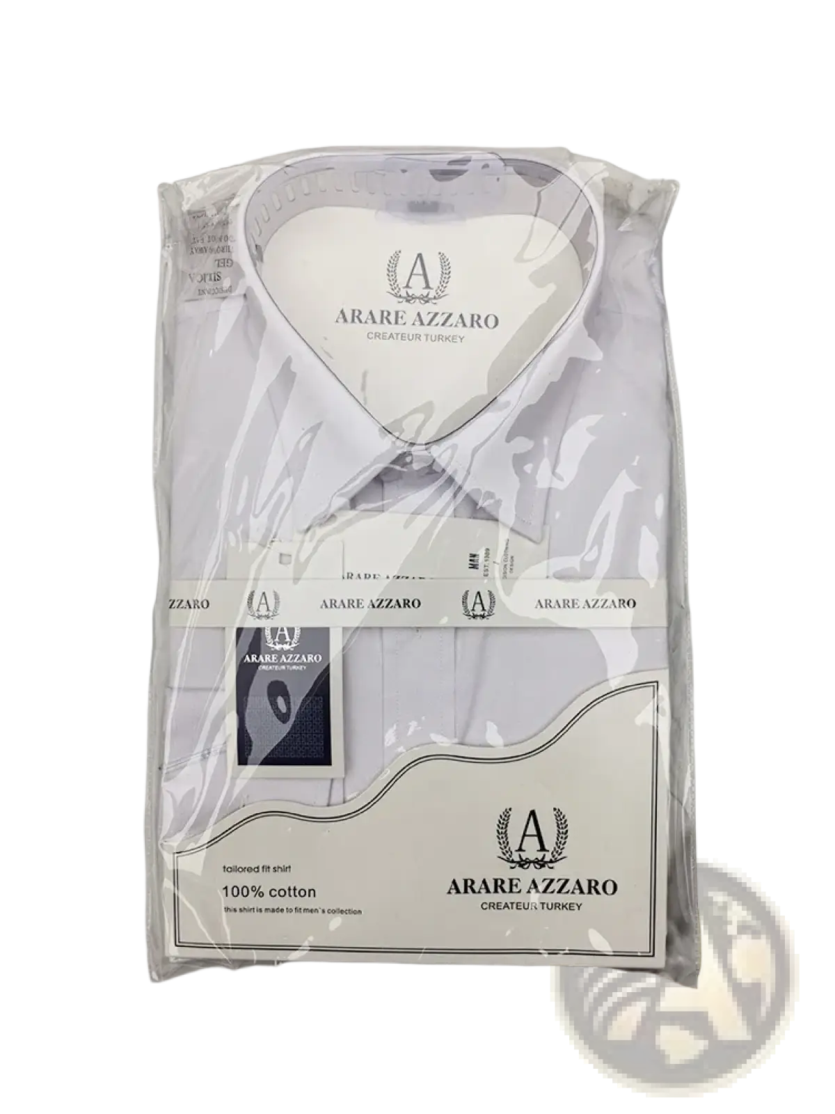 Mens white slim fit long sleeve dress shirt made of 100 percent cotton by azzaro neatly packaged in clear plastic