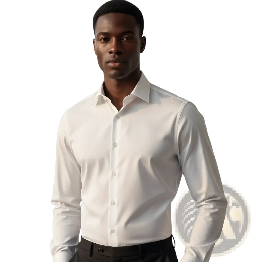 Mens white slim fit long sleeve dress shirt made of crisp fabric with a classic collar and button-down front