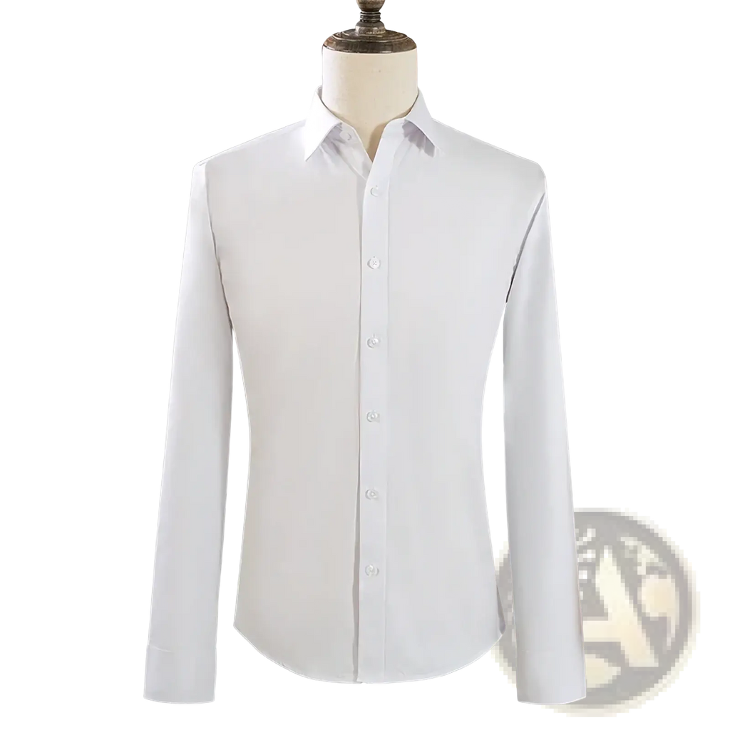 A crisp white mens slim fit long sleeve dress shirt with classic collar and button down front on a mannequin