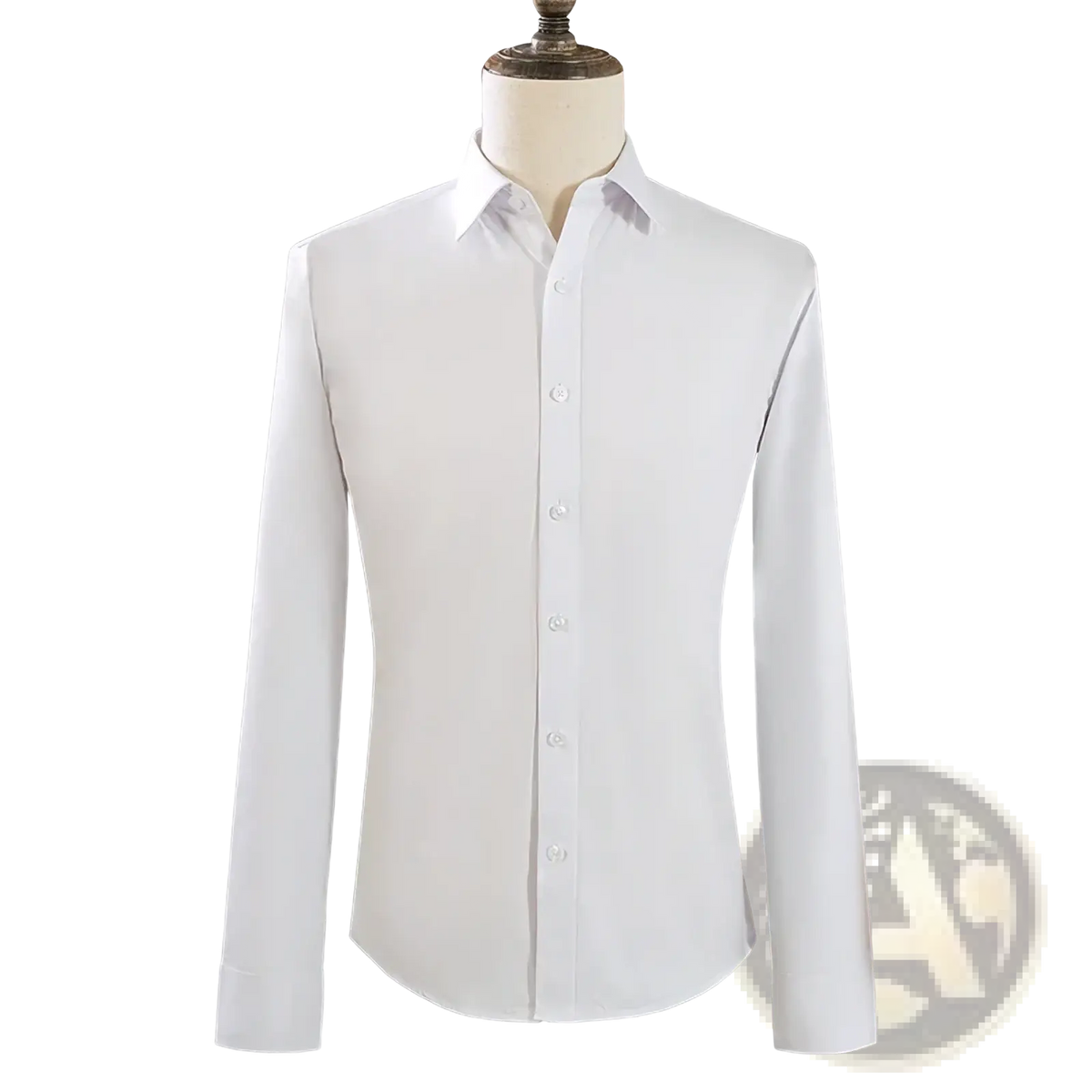 A crisp white mens slim fit long sleeve dress shirt with classic collar and button down front on a mannequin