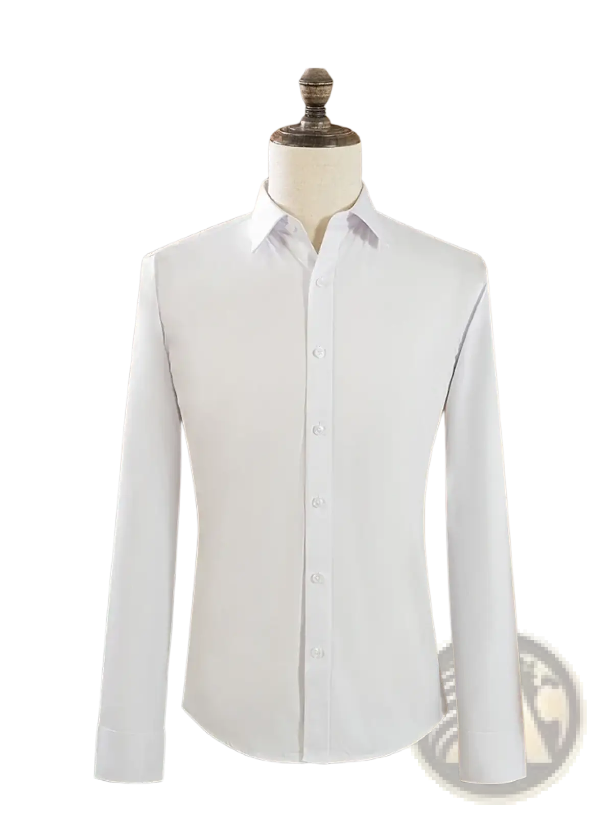 Mens white slim fit long sleeve dress shirt with crisp collar and button down front for formal occasions
