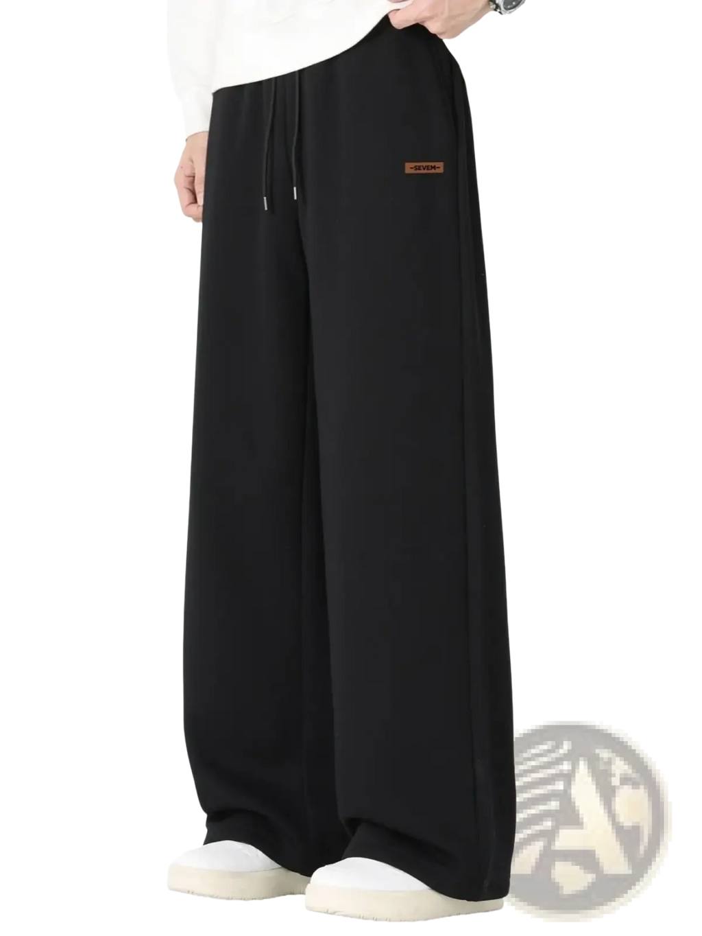 Men’s black wide-leg drawstring sweatpants with a small brown label on the left thigh for casual wear