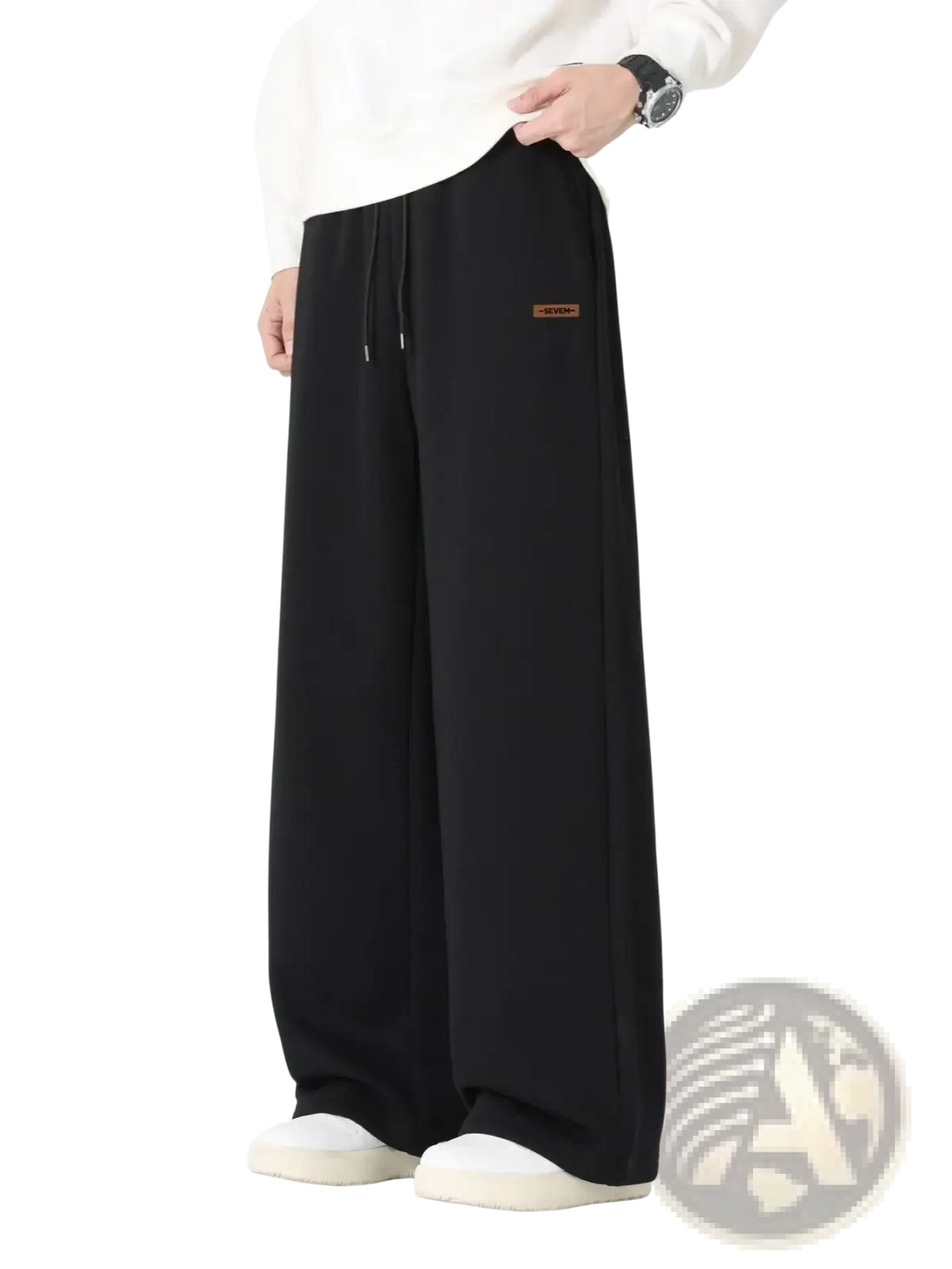 Men’s black wide leg drawstring sweatpants with a small brown label on the left thigh for casual wear