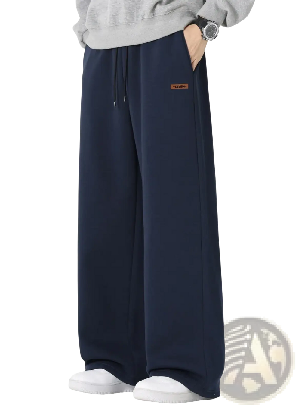 Men’s navy blue wide leg drawstring sweatpants with a small brown label on the left thigh for casual wear