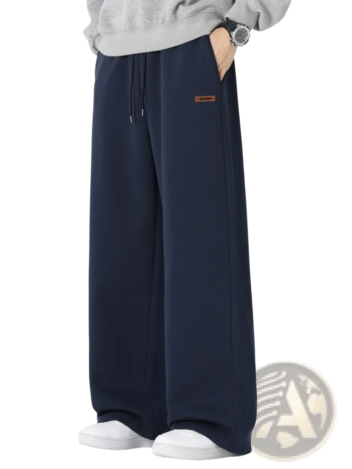 Men’s navy blue wide leg drawstring sweatpants with a small brown label on the left thigh for casual wear