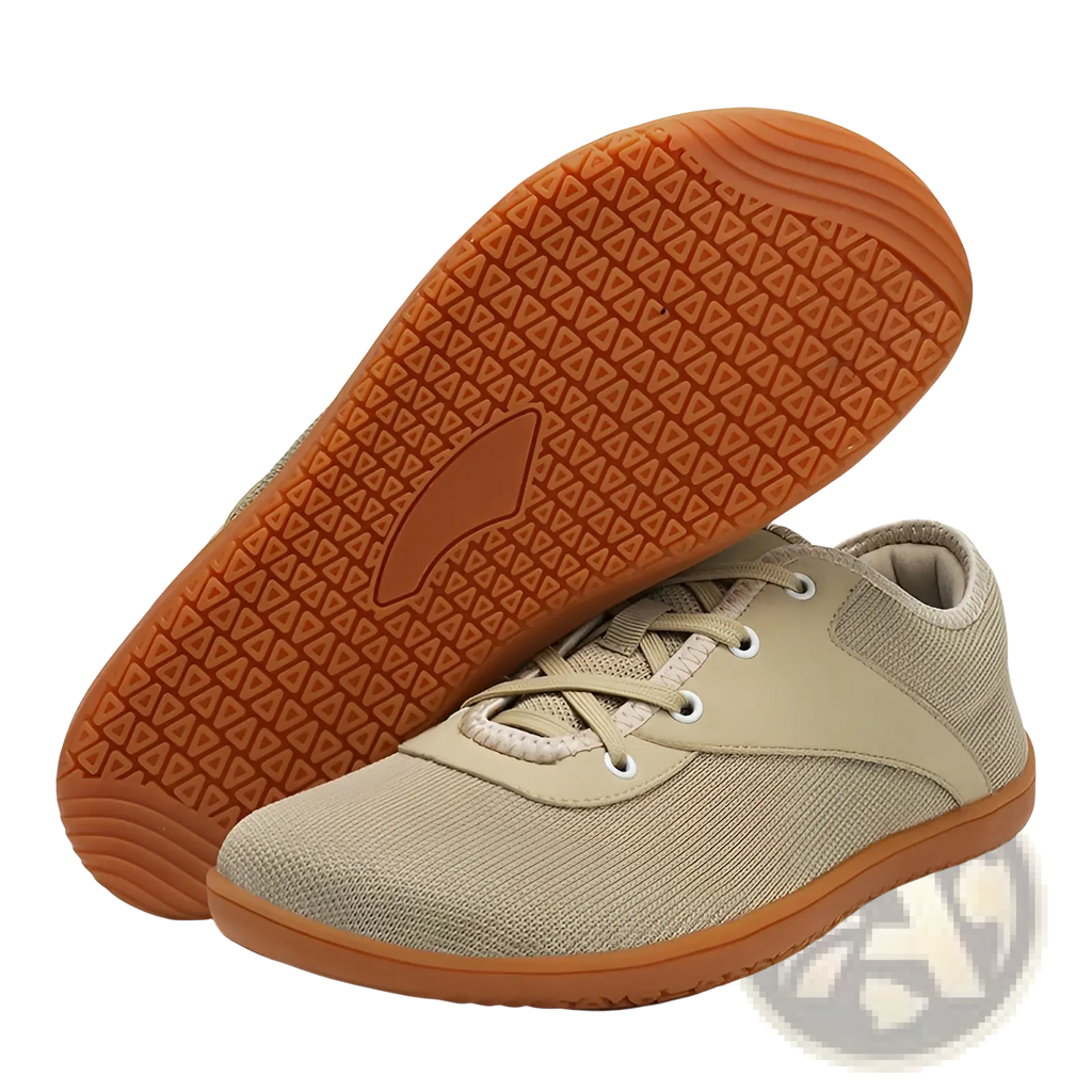 Men’s wide toe breathable mesh running sneaker in beige mesh and suede with tan rubber sole low-top design
