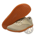 Men’s wide toe breathable mesh running sneaker in beige mesh and suede with tan rubber sole low-top design