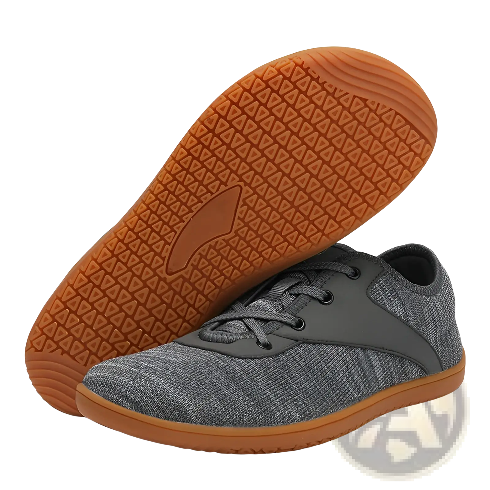 Men’s wide toe breathable mesh running sneakers in gray woven fabric with tan rubber sole and matching heel tab shown from back