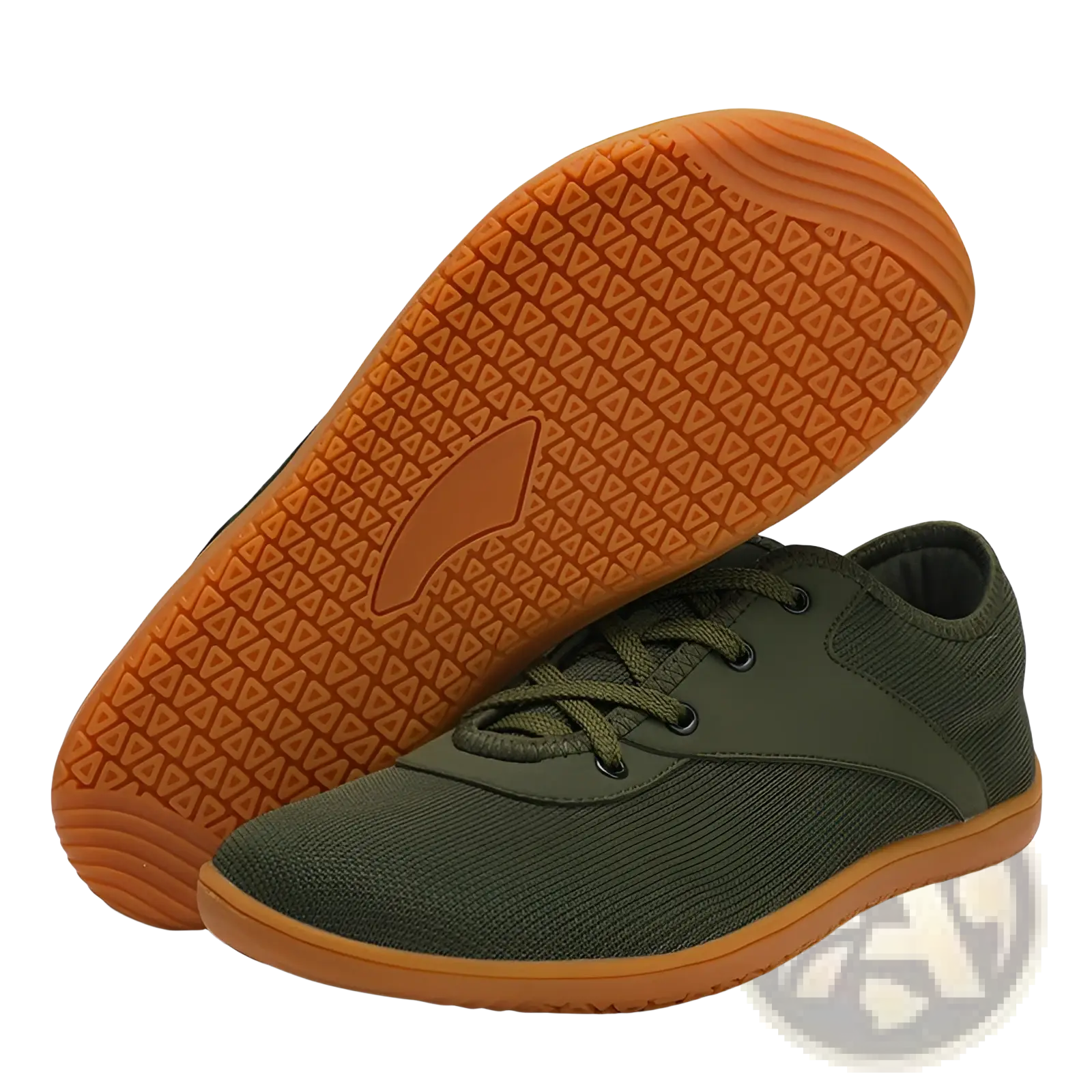Men’s wide toe breathable olive green mesh running sneakers with tan rubber sole and triangular tread pattern