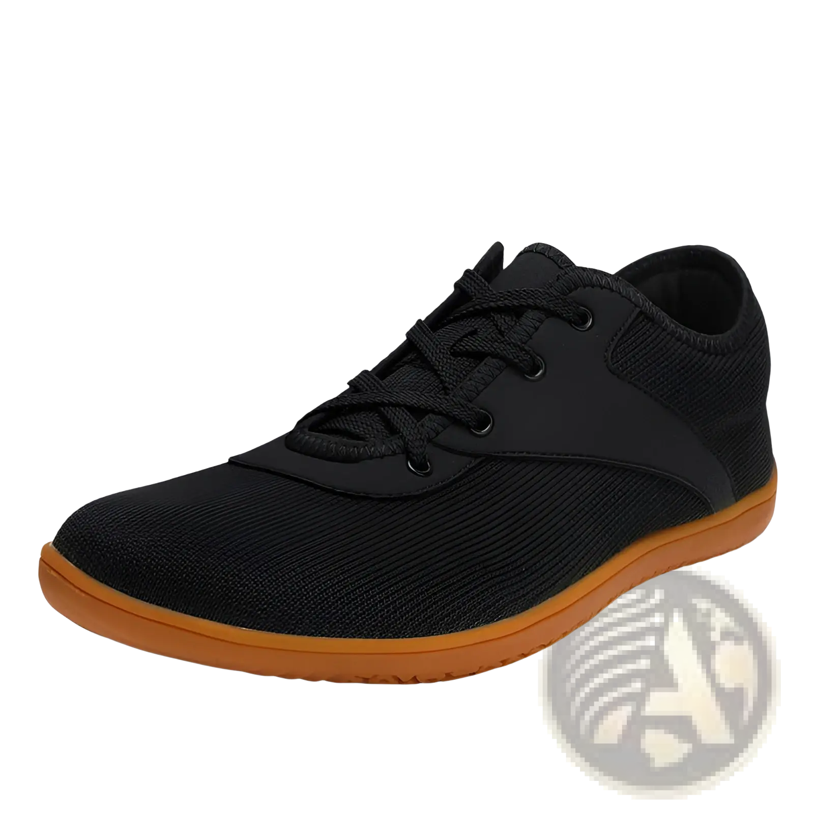 Men’s wide toe breathable mesh running sneaker in black with contrasting orange sole and black laces visible from the back
