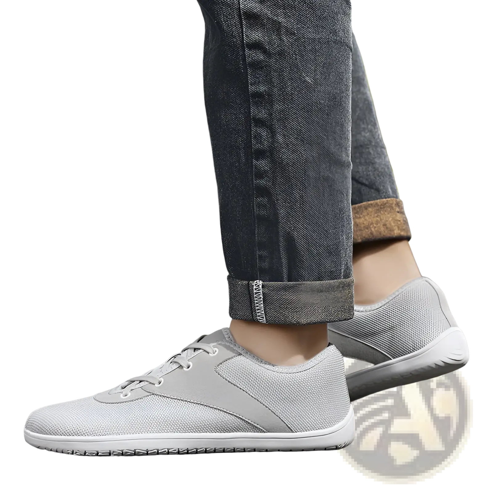 Men’s wide toe breathable mesh running sneakers in light gray with white rubber soles and subtle stitching details