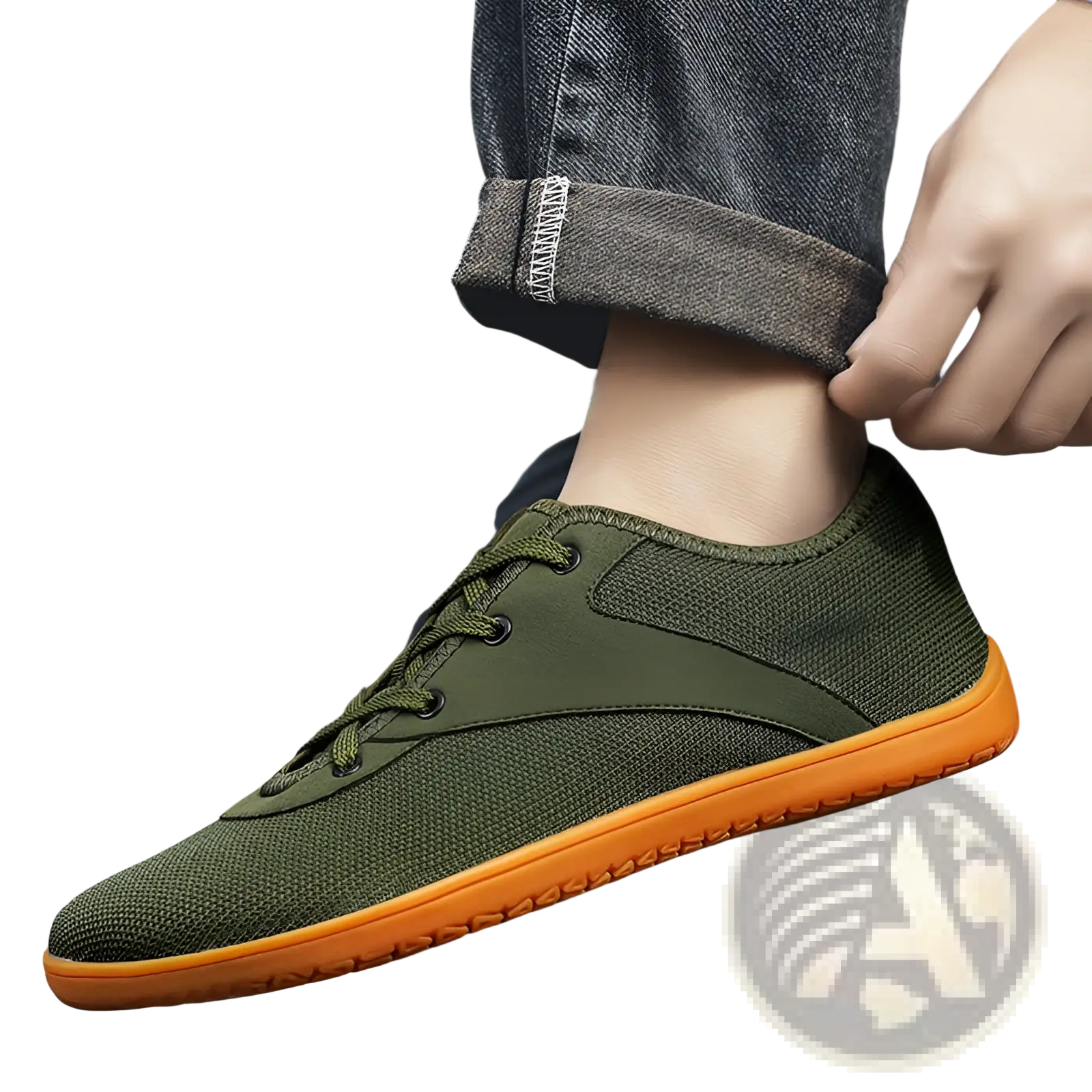 Men’s wide toe breathable mesh running sneakers in olive green with a vibrant orange rubber sole
