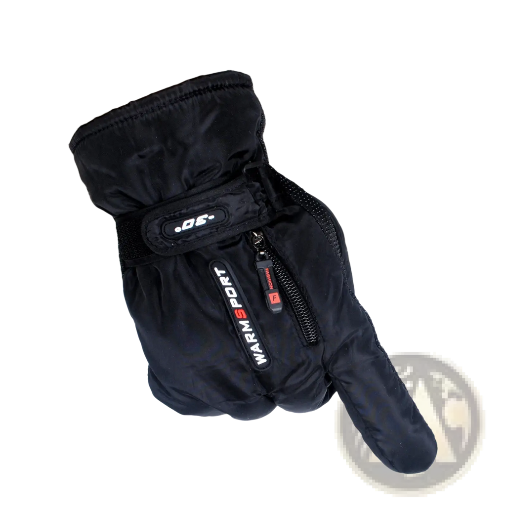 Men’s windproof thermal cycling glove in black insulated material with zipper and warm sport branding on the back side