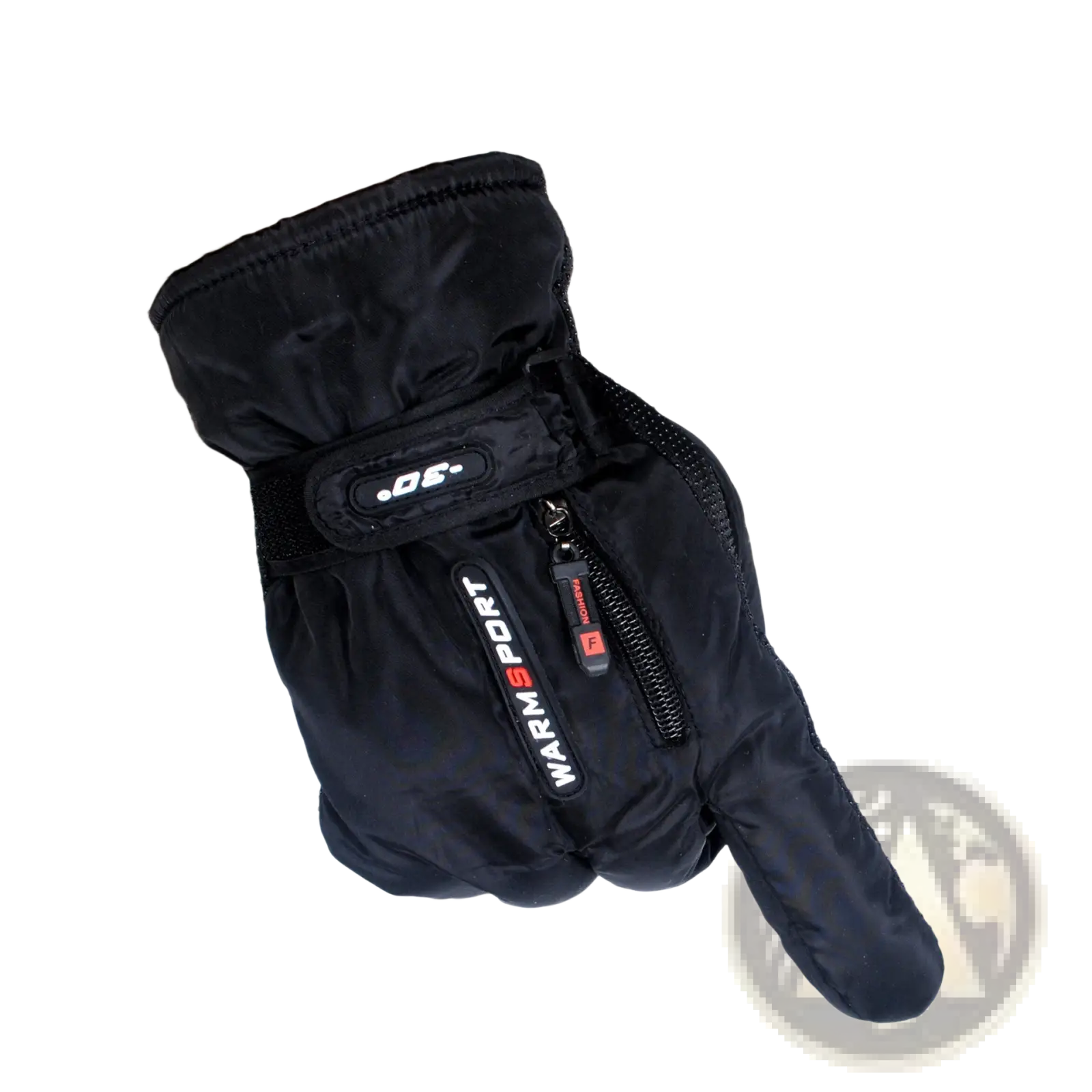 Men’s windproof thermal cycling glove in black insulated material with zipper and warm sport branding on the back side