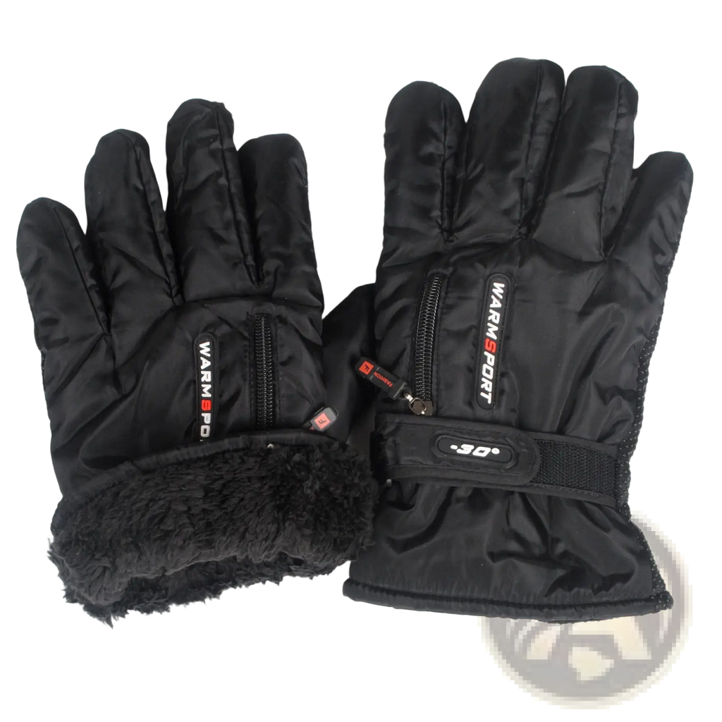 Black insulated men’s windproof thermal cycling gloves with plush fleece lining and zipper pockets branded Warmsport