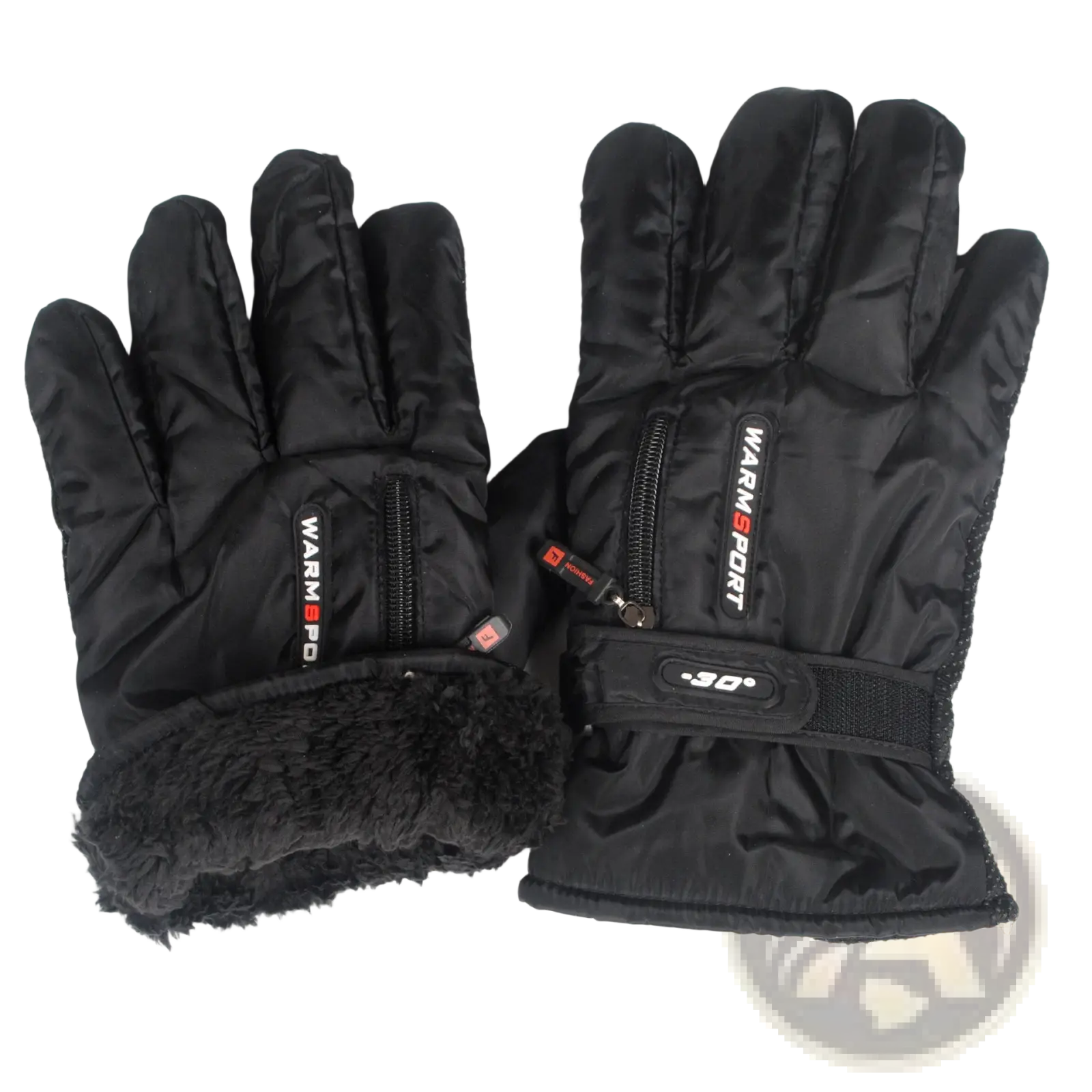 Black insulated men’s windproof thermal cycling gloves with plush fleece lining and zipper pockets branded Warmsport