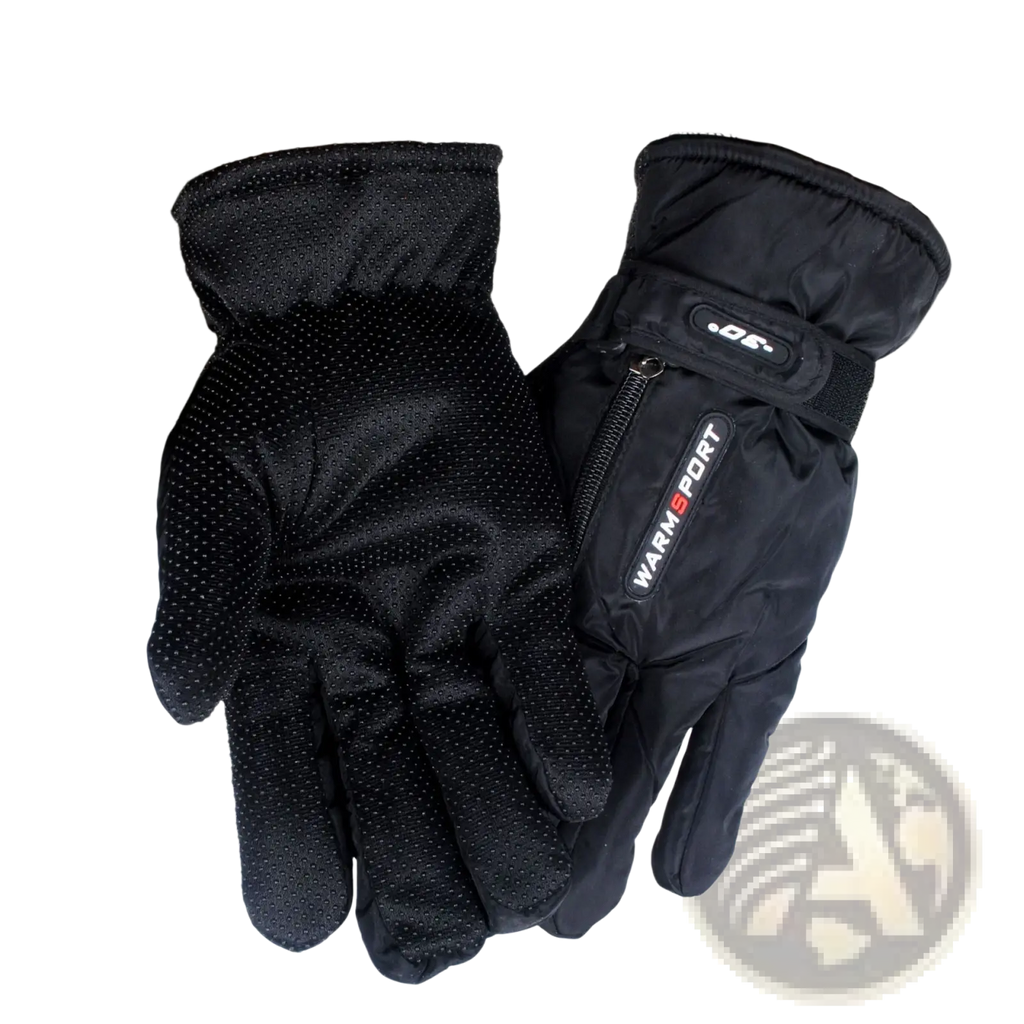 Men’s windproof thermal cycling gloves in black insulated material with textured palm and warm sport wrist strap zipper