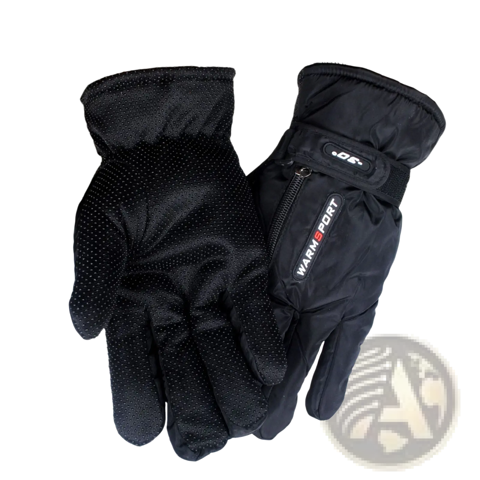 Men’s windproof thermal cycling gloves in black insulated material with textured palm and warm sport wrist strap zipper