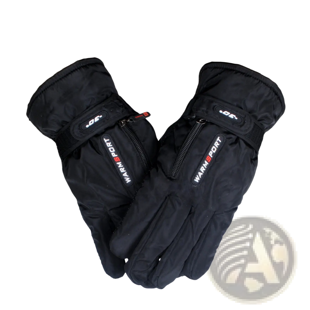 Back view of black insulated men’s windproof thermal cycling gloves with warm sport branding and zipper details