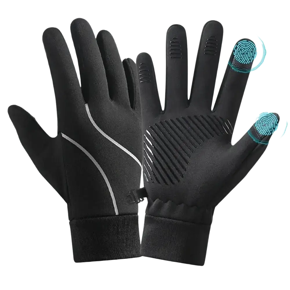 Black men’s windproof touchscreen cycling gloves with white stitching and textured grip patterns on the palms
