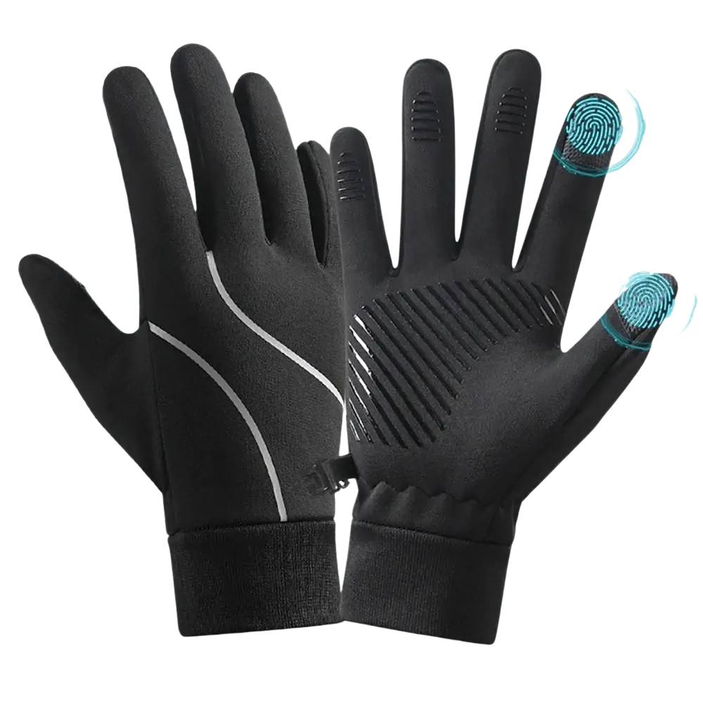 Men’s windproof touchscreen cycling gloves in black with white stitching and textured grip patterns on the back side