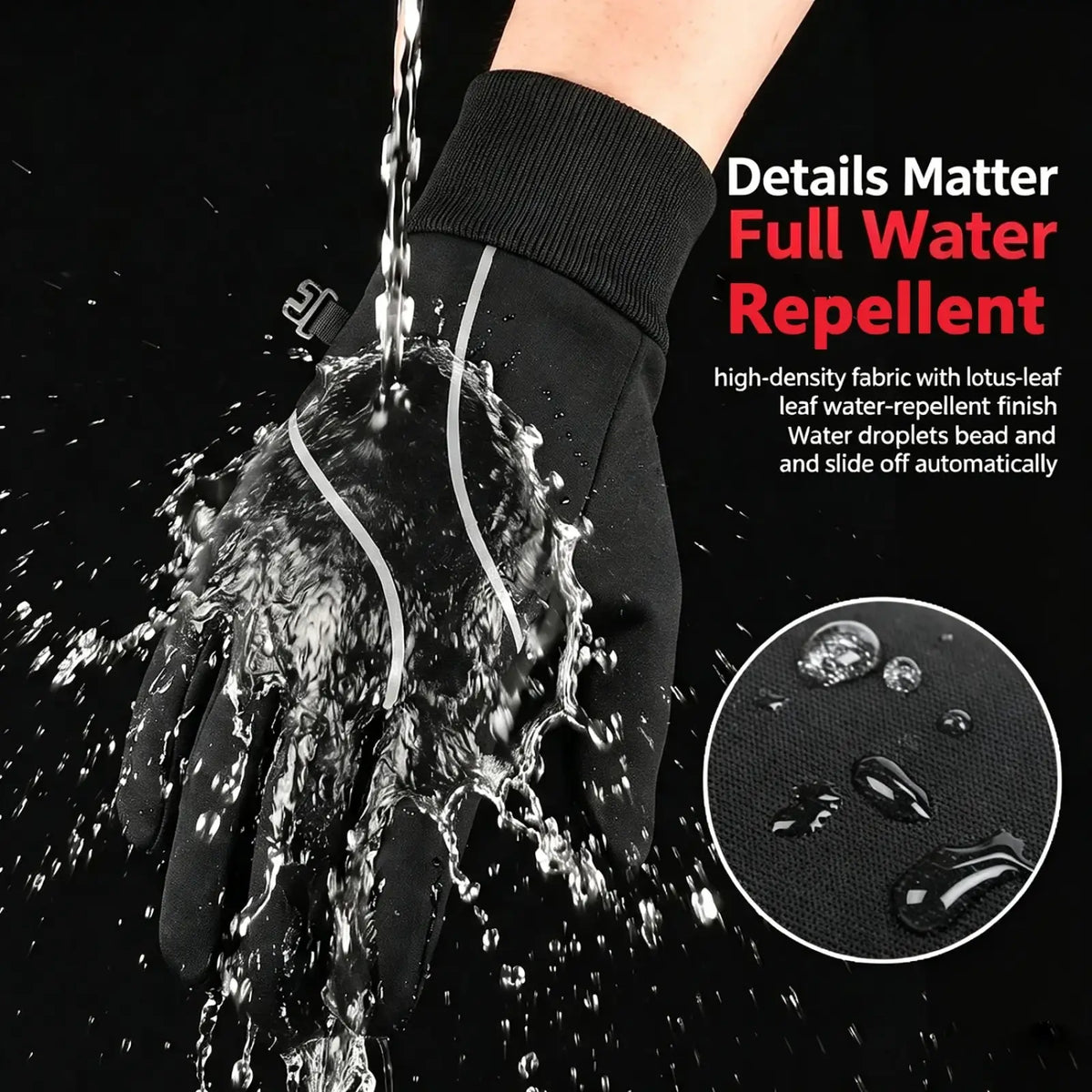 Black men’s windproof touchscreen cycling glove made of high-density fabric with full water-repellent lotus-leaf finish showing back side