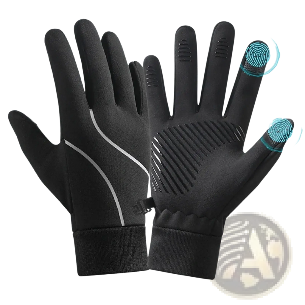 Men’s windproof touchscreen cycling gloves in black with white stitching and textured grip patterns on the back side