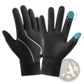 Men’s windproof touchscreen cycling gloves in black with white stitching and textured grip patterns on the back side