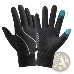 Men’s windproof touchscreen cycling gloves in black with white stitching and textured grip patterns on the back side