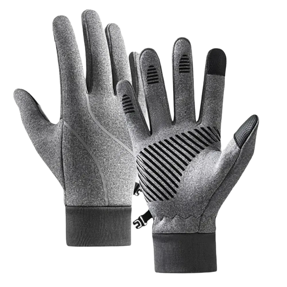 Men’s windproof touchscreen cycling gloves in gray with black textured fingertips and striped palm for winter use back view