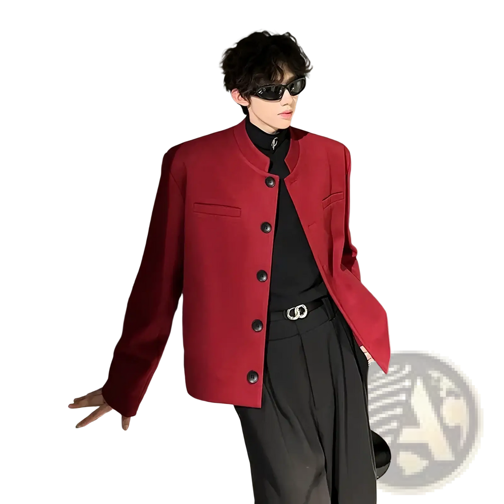 A mens wine red casual blazer with black buttons and a mandarin collar showcasing a bold design