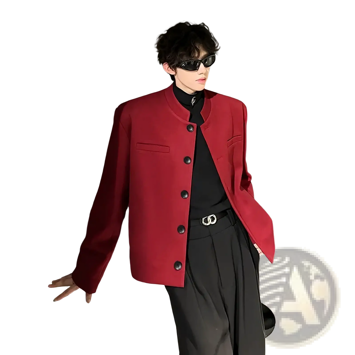 A mens wine red casual blazer with black buttons and a mandarin collar showcasing a bold design
