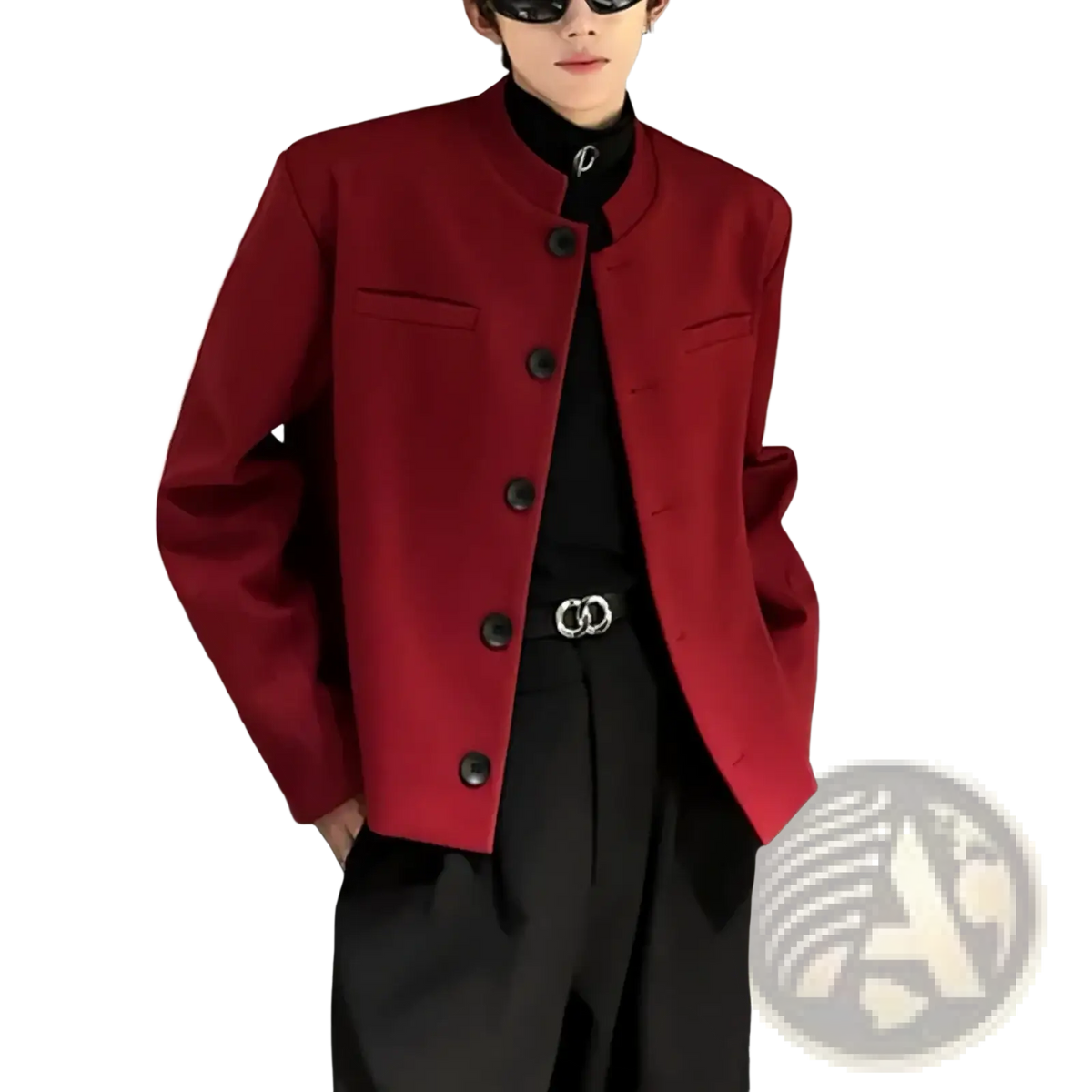 Mens wine red casual blazer with structured design, mandarin collar, and dark buttons for stylish wear