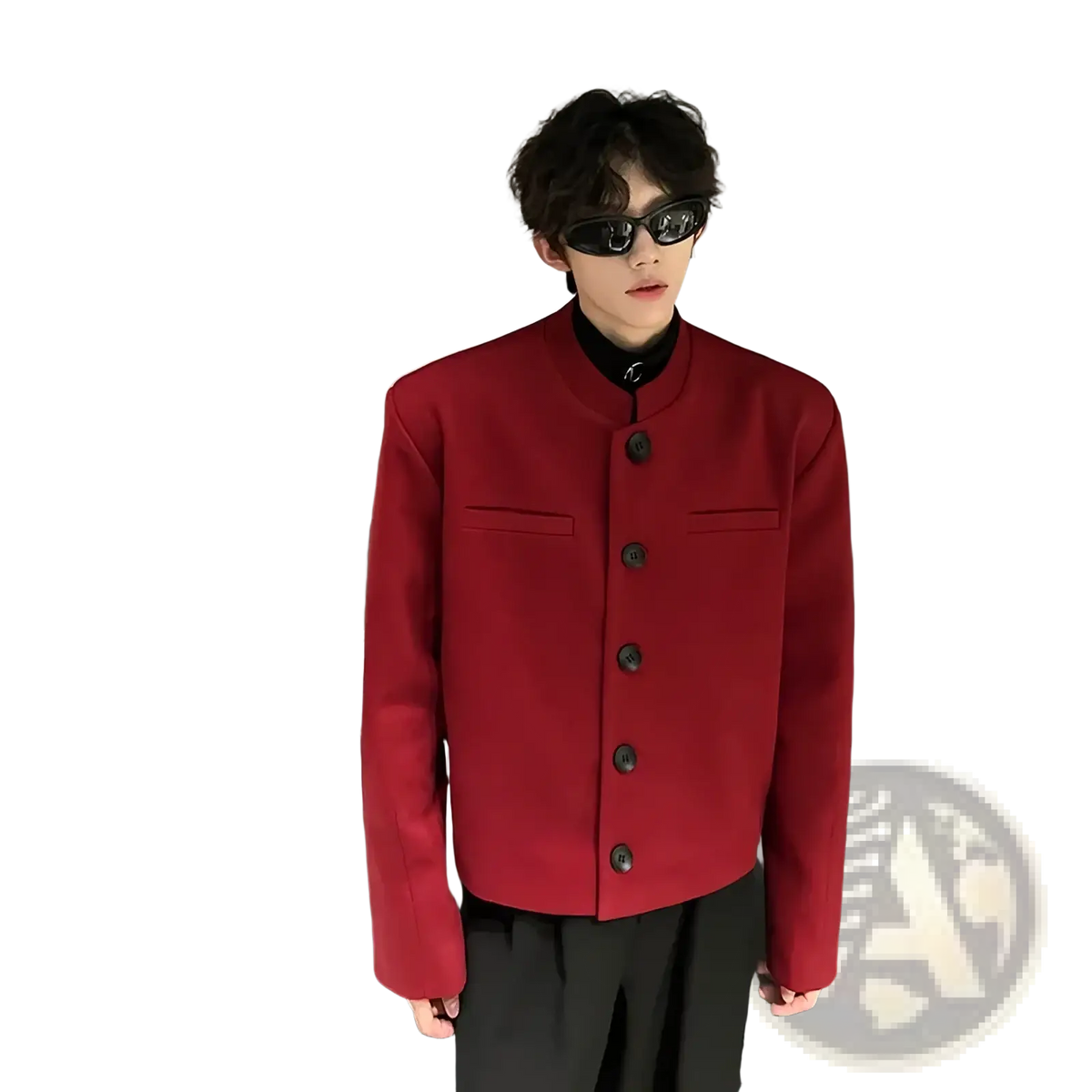 Mens wine red mandarin collar casual blazer in rich red wool with dark buttons for stylish outerwear use