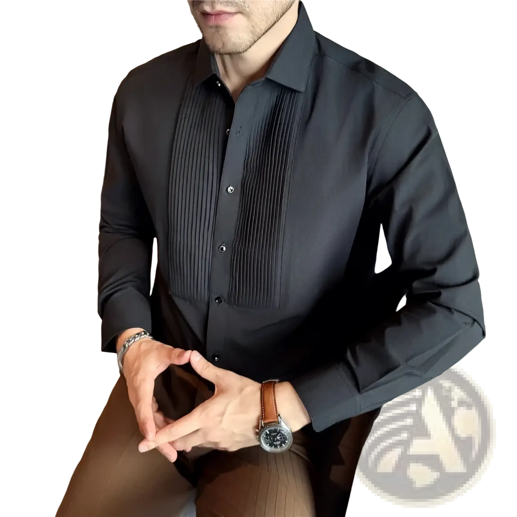 Mens wing collar tuxedo dress shirt long sleeve in black with pleated front and sleek tailored fit