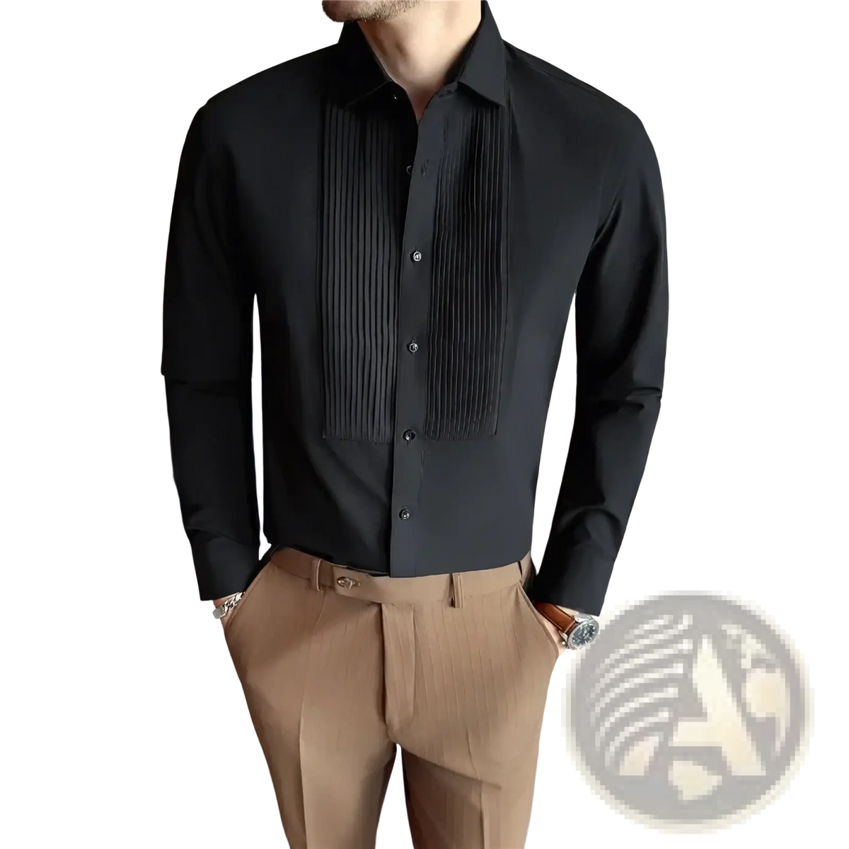 Black pleated front men’s tuxedo dress shirt with wing collar long sleeve for formal occasions