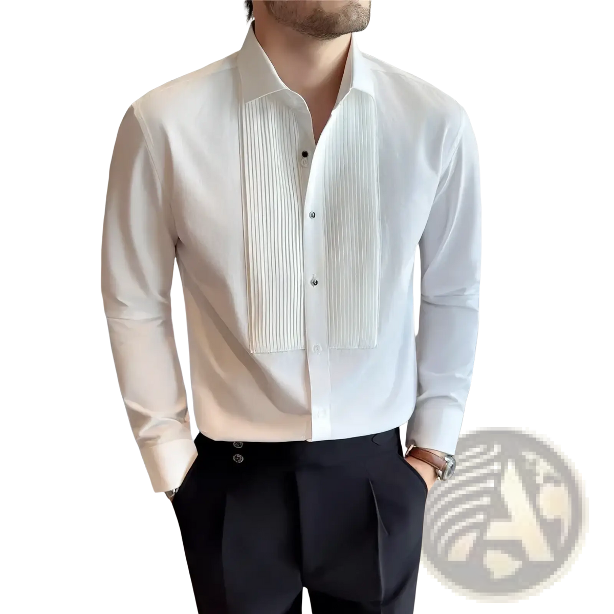 A crisp white mens wing collar tuxedo dress shirt with pleated front long sleeves and button-down closure