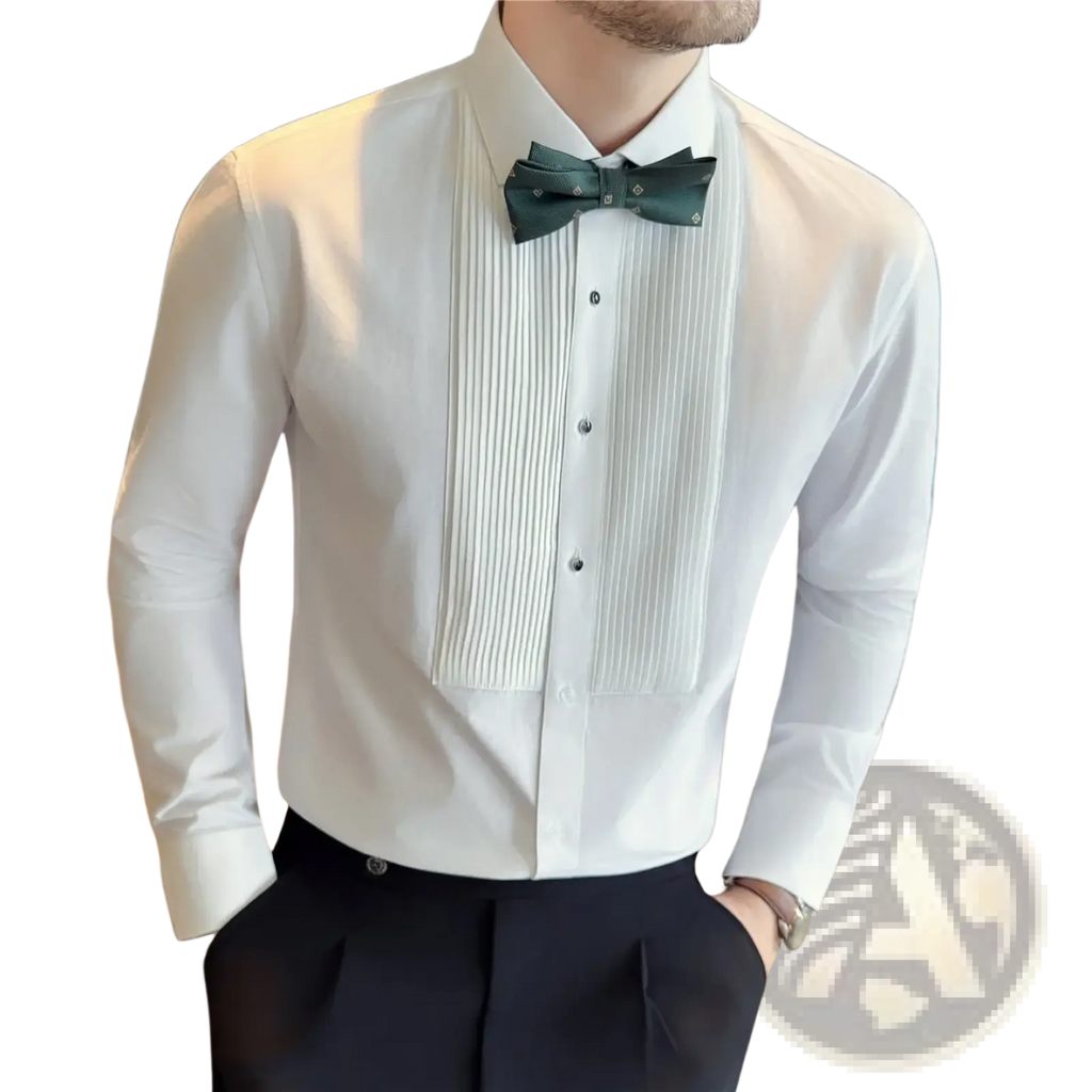 Mens wing collar tuxedo dress shirt in white with pleated front long sleeve and subtle button details