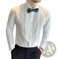 Mens wing collar tuxedo dress shirt in white with pleated front long sleeve and subtle button details