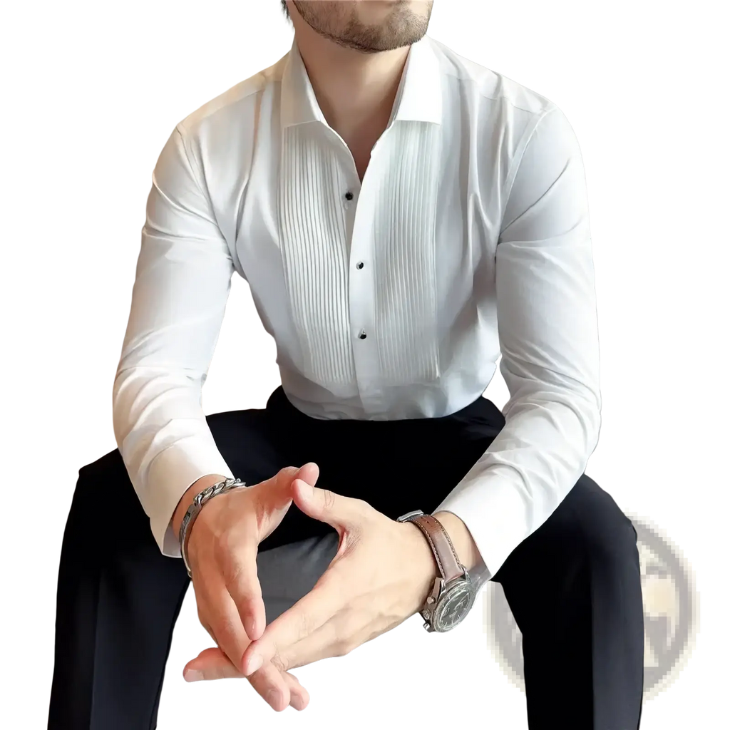 White pleated wing collar tuxedo dress shirt with crisp tailored fit and long sleeves for formal menswear