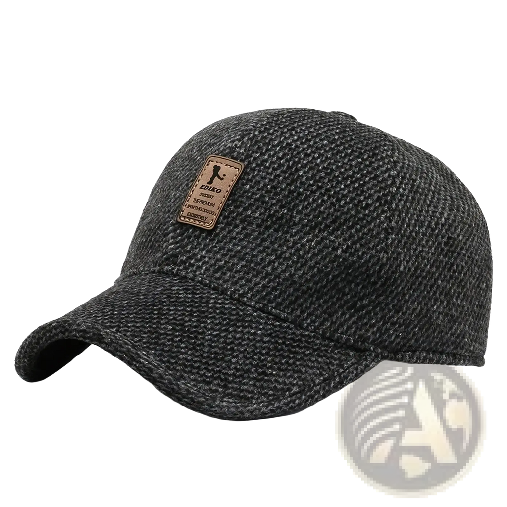 Dark gray tweed mens winter baseball cap with earmuffs and brown leather patch on the front