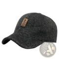Dark gray tweed mens winter baseball cap with earmuffs and brown leather patch on the front