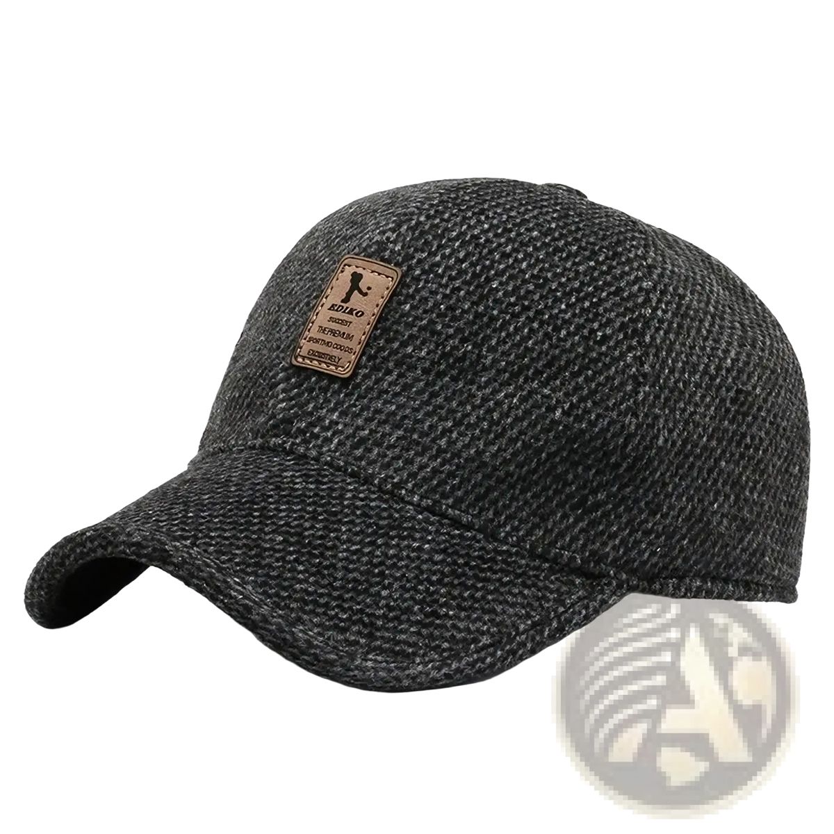 Dark gray tweed mens winter baseball cap with earmuffs and brown leather patch on the front