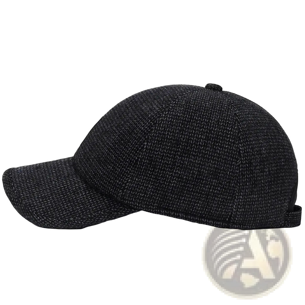 Black textured knit mens winter baseball cap with earmuffs curved brim and adjustable strap shown from the back
