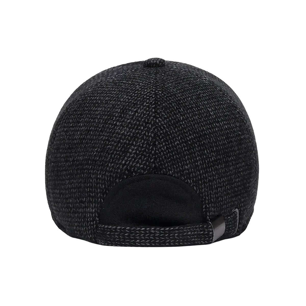 Black textured knit mens winter baseball cap with earmuffs featuring a subtle heathered pattern and adjustable strap