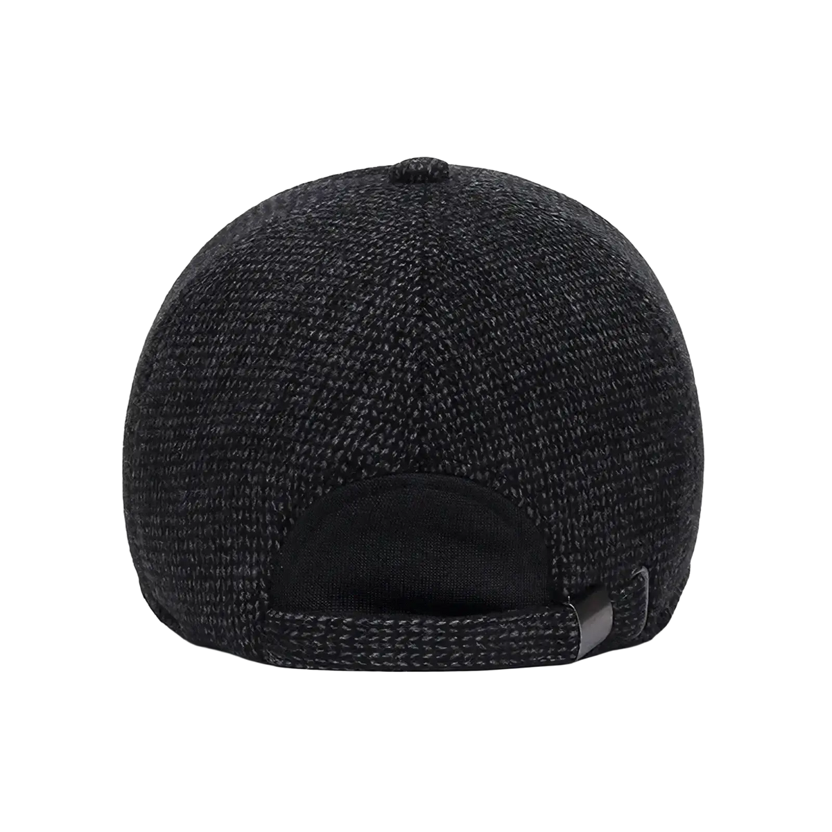 Black textured knit winter baseball cap with heathered pattern and adjustable strap with earmuffs for men