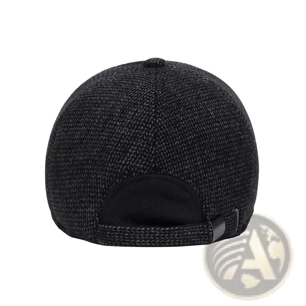 Black textured knit mens winter baseball cap with earmuffs featuring a subtle heathered pattern and adjustable strap