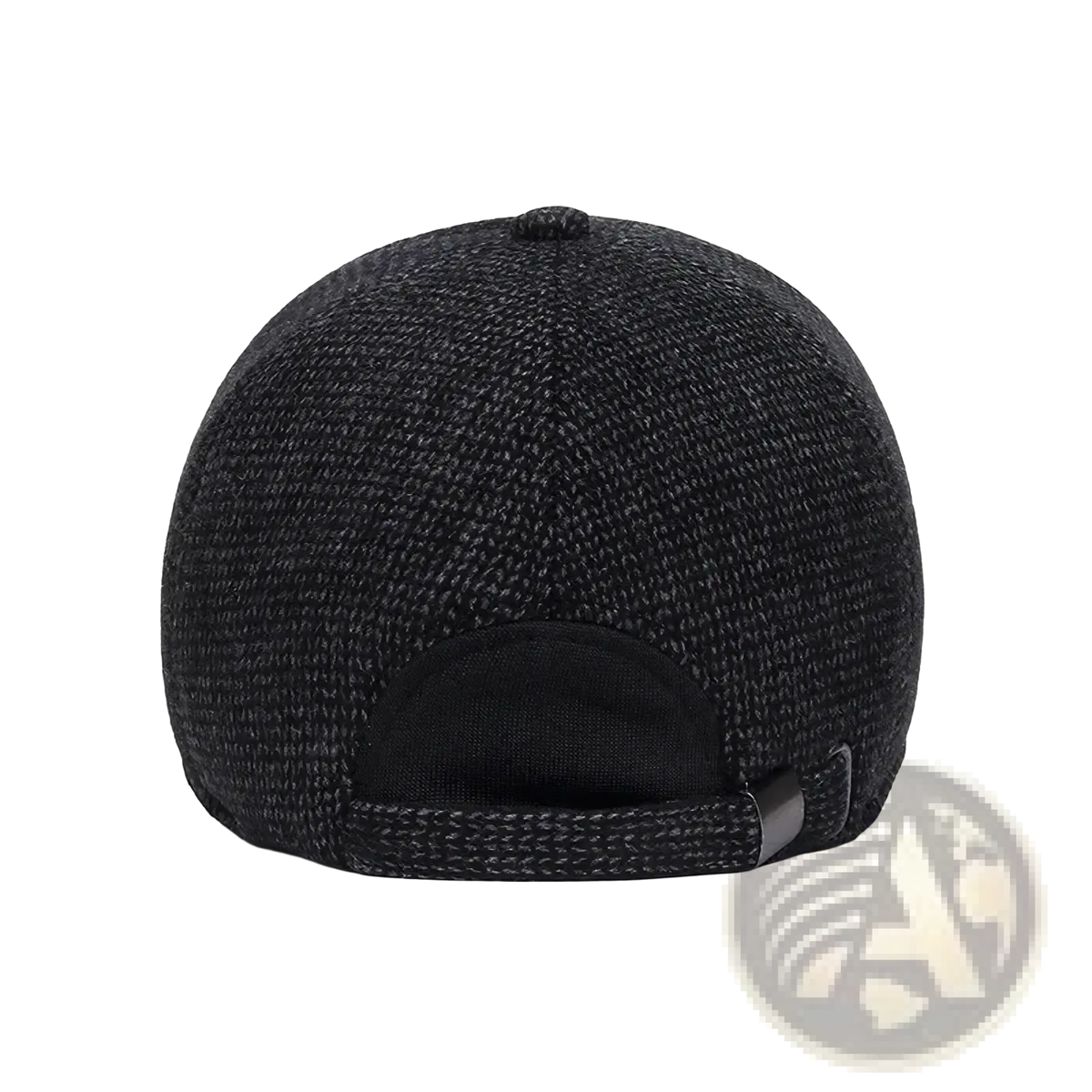 Black textured knit mens winter baseball cap with earmuffs featuring a subtle heathered pattern and adjustable strap
